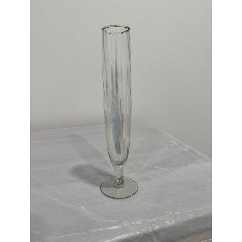 Tall Gold Rim Swirl Glass Bud Vase Clear Vintage Style Decorative Art Glass